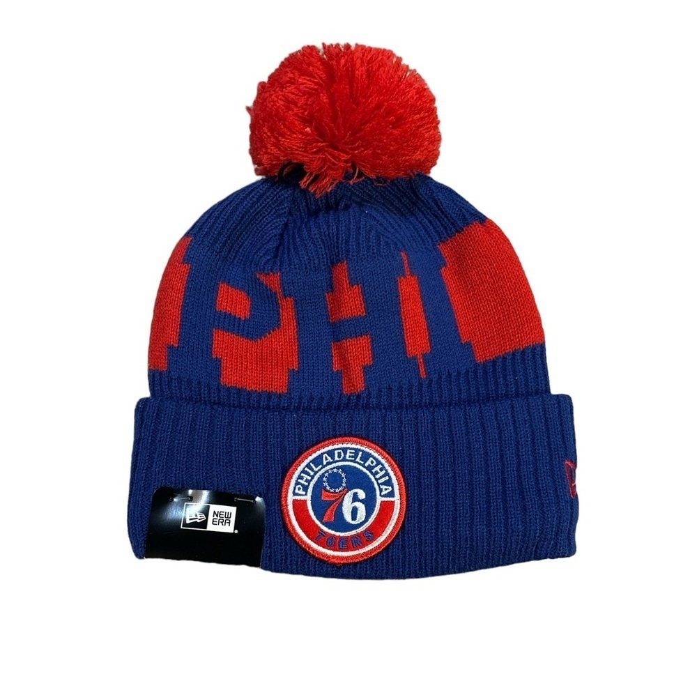 New Era Knit Pom Beanie Hat Philadelphia 76ers Blue and Red